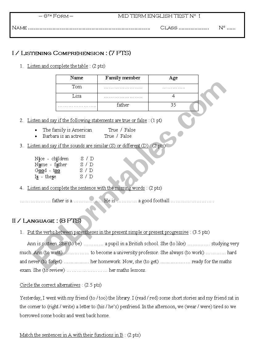 mid term test N1 8th worksheet