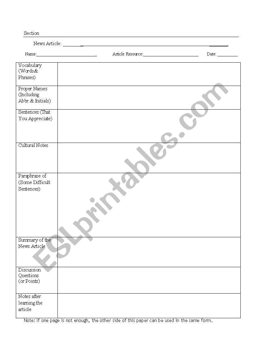 English worksheets: worksheet for newspaper article reading