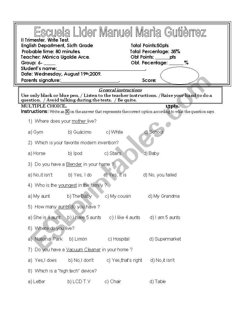 English worksheets Test for Sith grade 