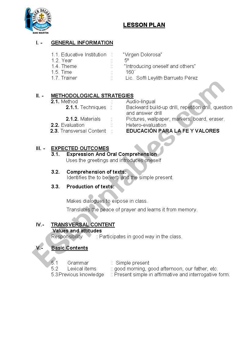 ensglish lesson worksheet