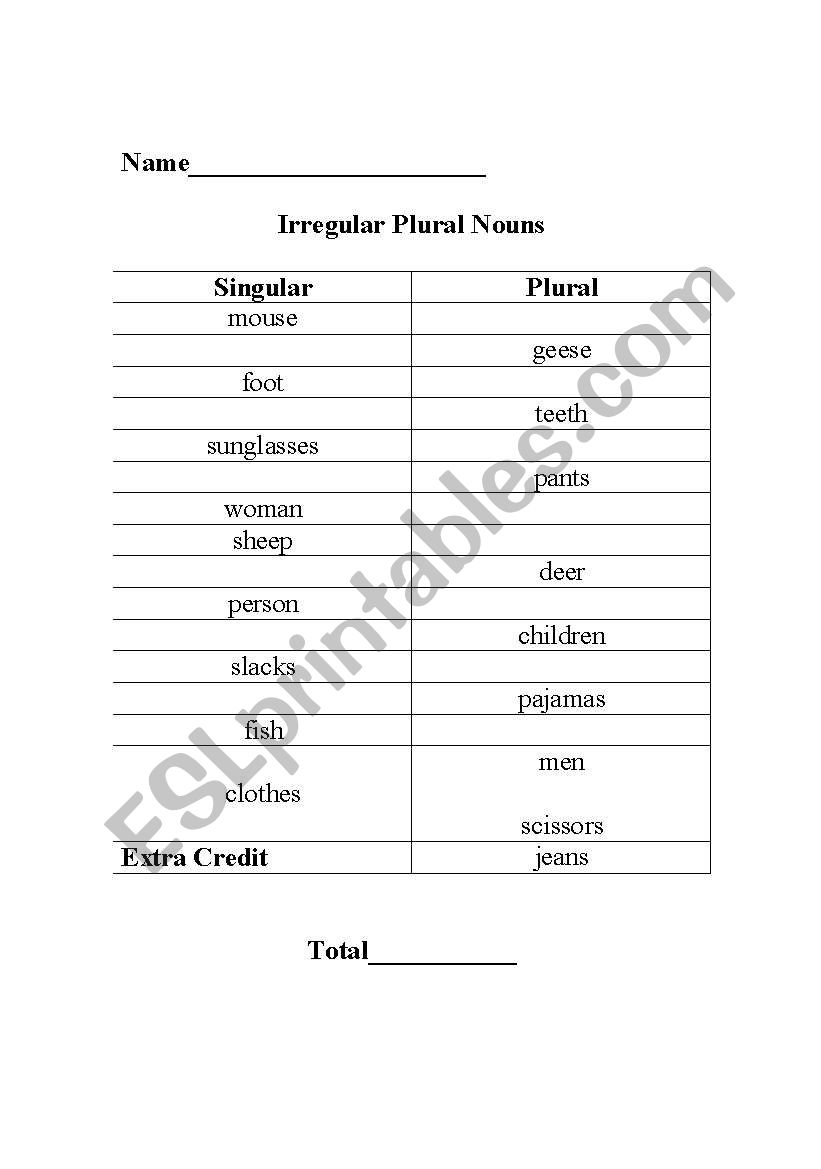 Irregular Plurals worksheet