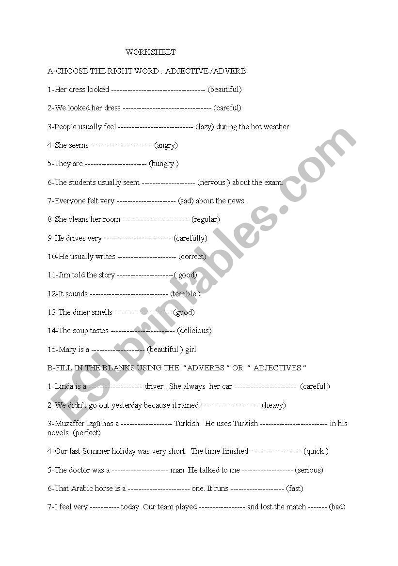 adverbs adjectives  worksheet