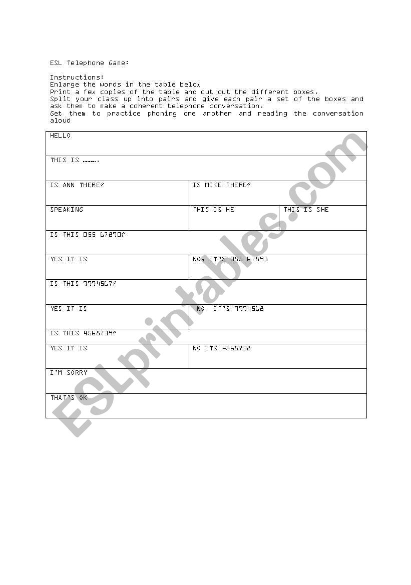 telephone conversation practice sheet