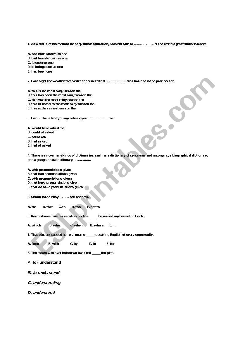 intermediate level exam worksheet