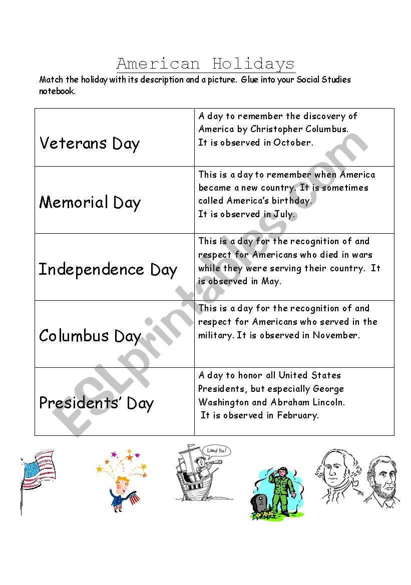 English worksheets: American Holiday Matching