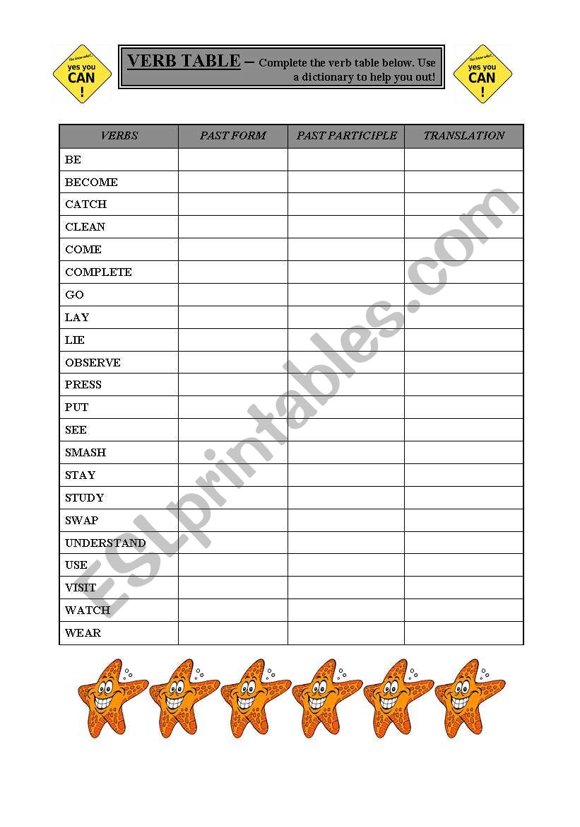 Verb List worksheet