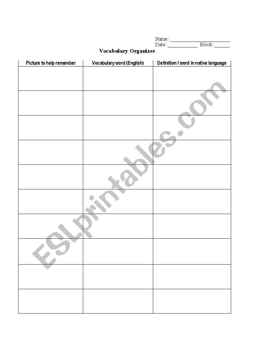 Vocabulary Organizer worksheet