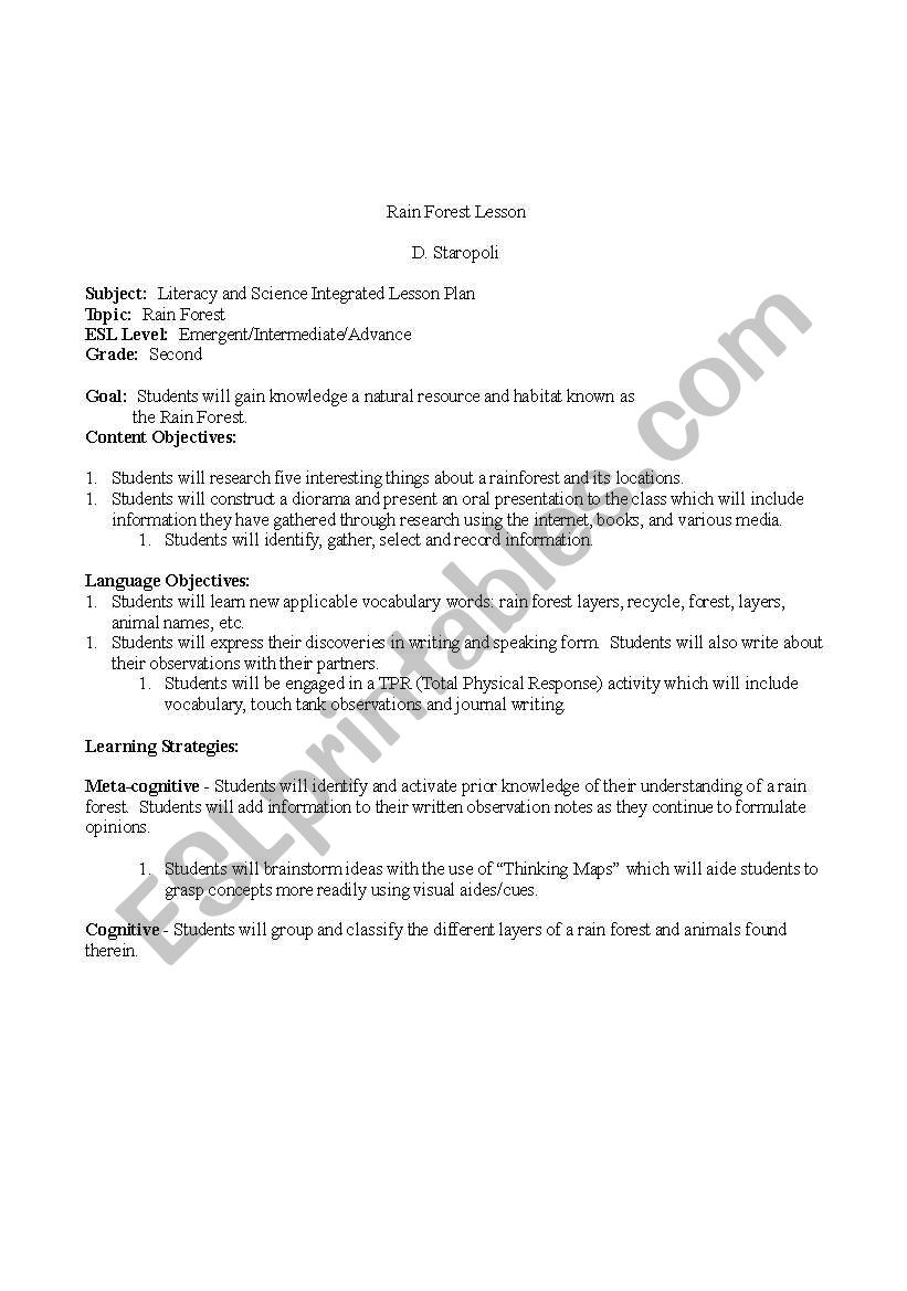 Rain Forest Lesson Plan worksheet