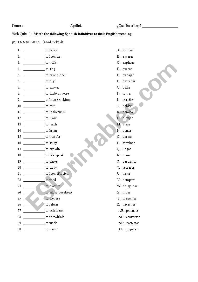 English Worksheets Matching Verb Quiz