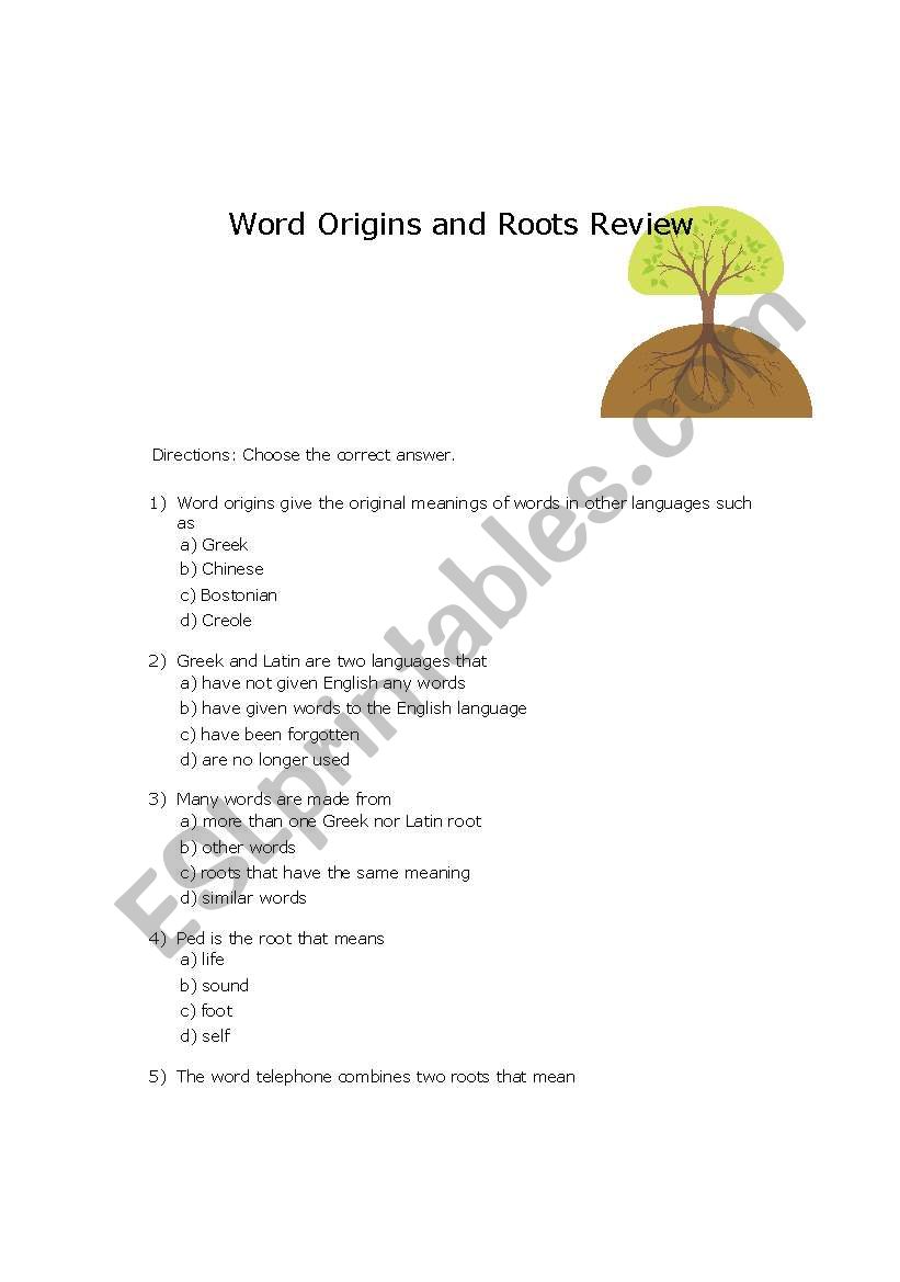 Word Origins and Roots Review worksheet