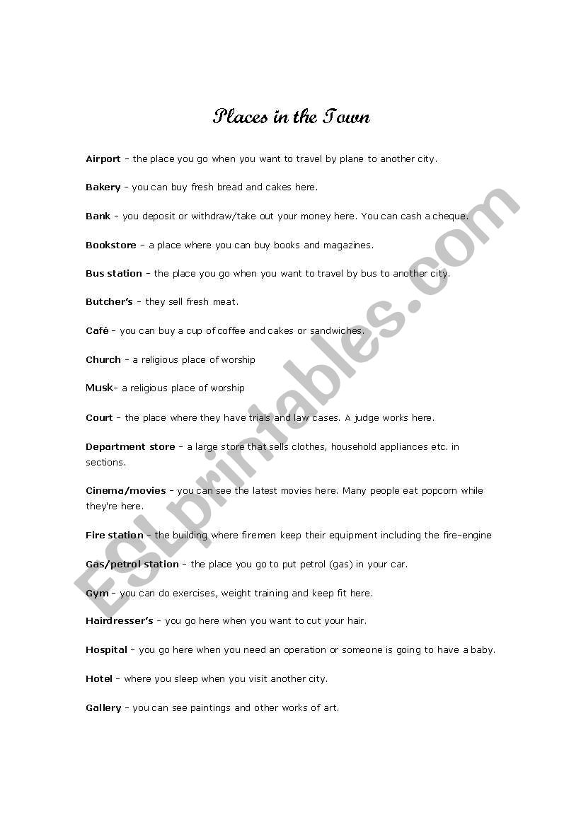 Places in town vocabulary worksheet