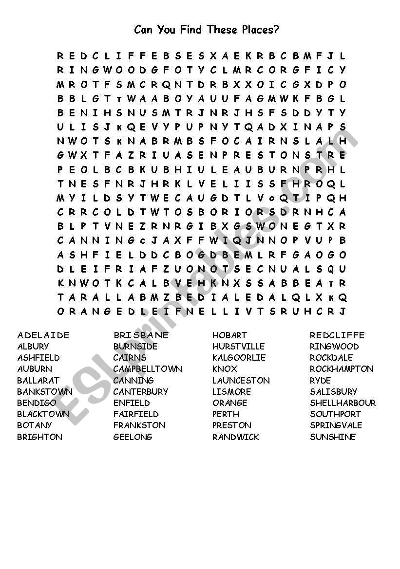 English Worksheets Australia Word Search