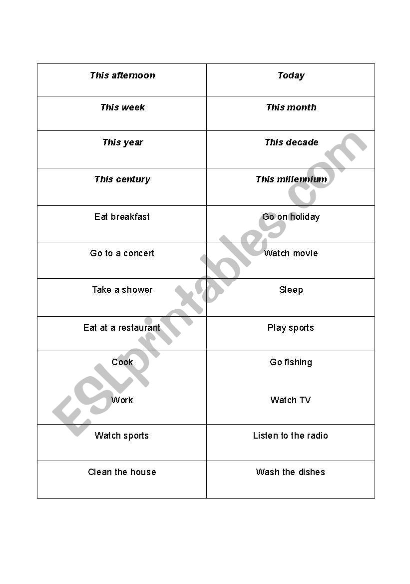 Present Perfect Game Cards worksheet