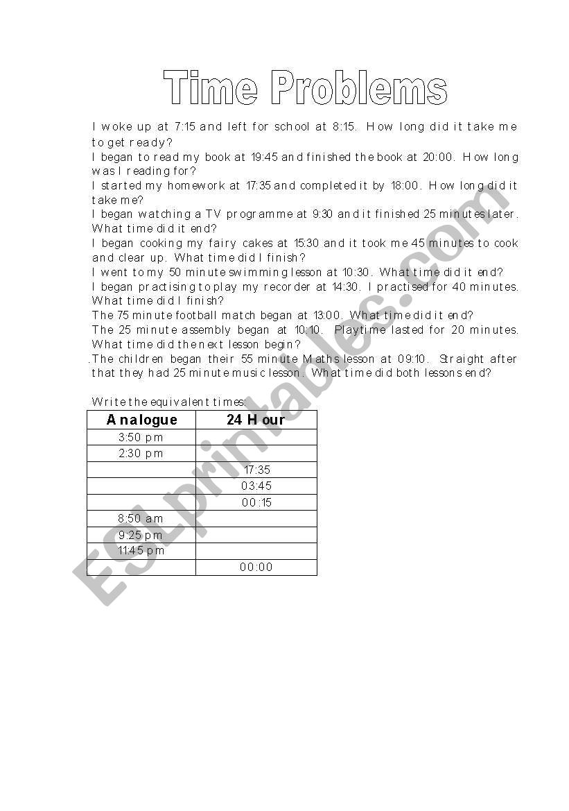 Time Problems worksheet