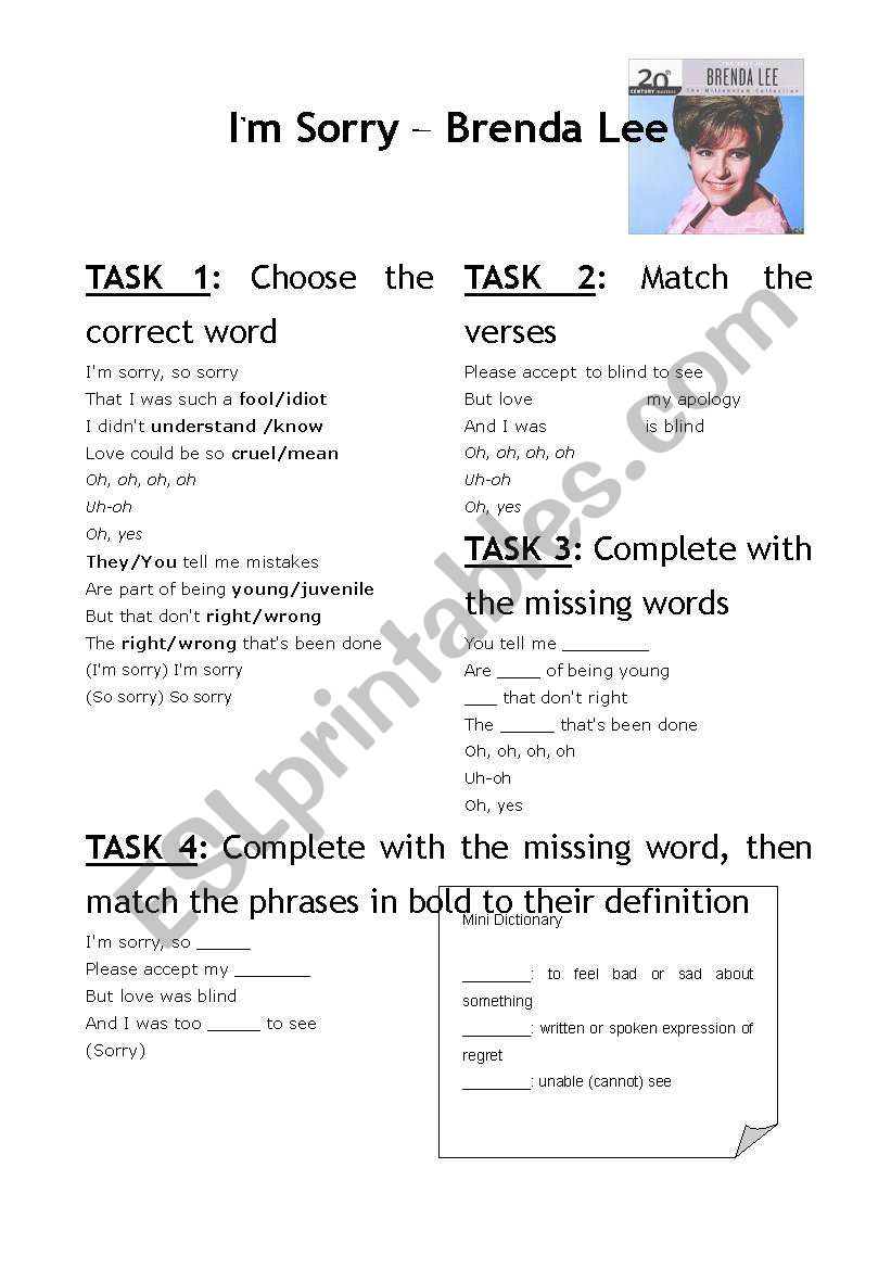 Im sorry - Brenda Lee worksheet