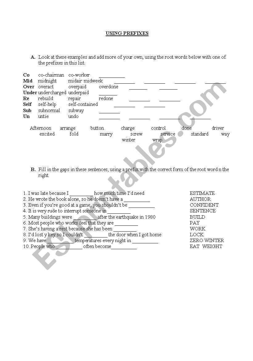 USING PREFIXES worksheet