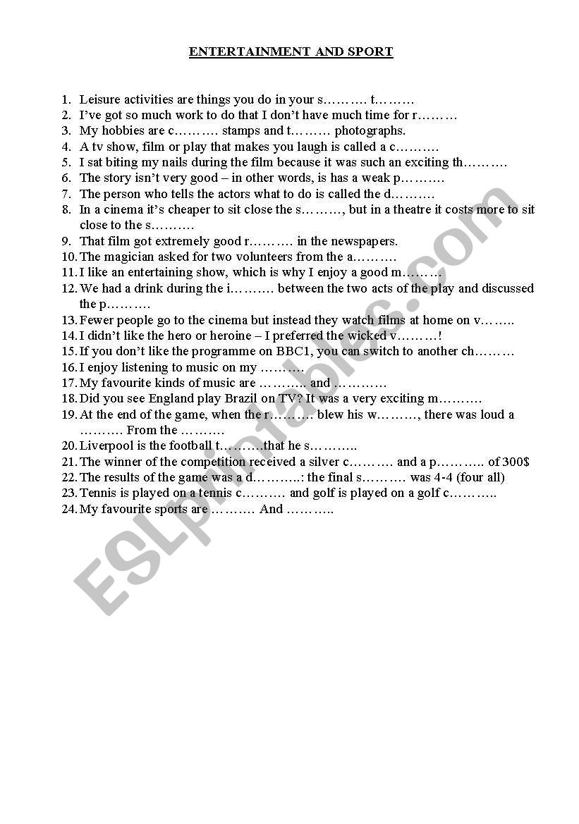 ENETERTAINTMENT AND TRANSPORT worksheet