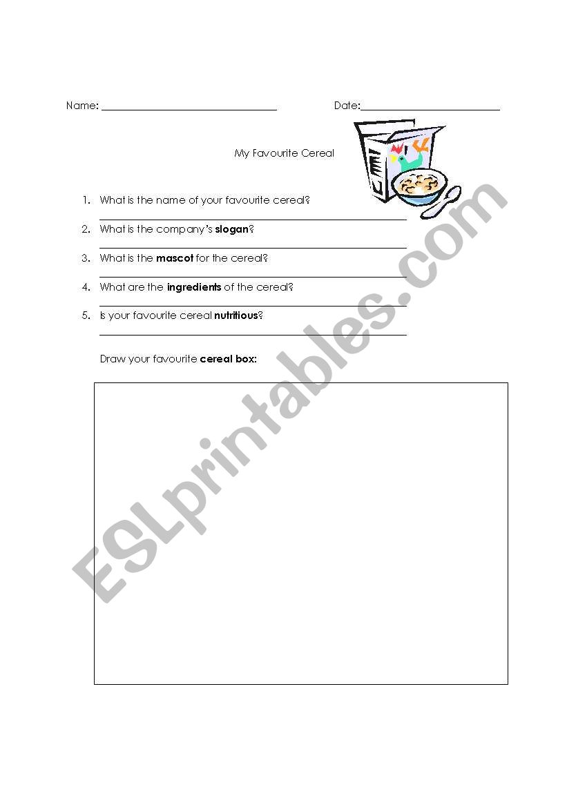 My favourite cereal worksheet