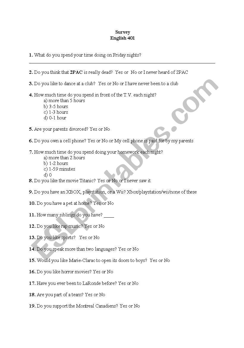 Simple survey worksheet