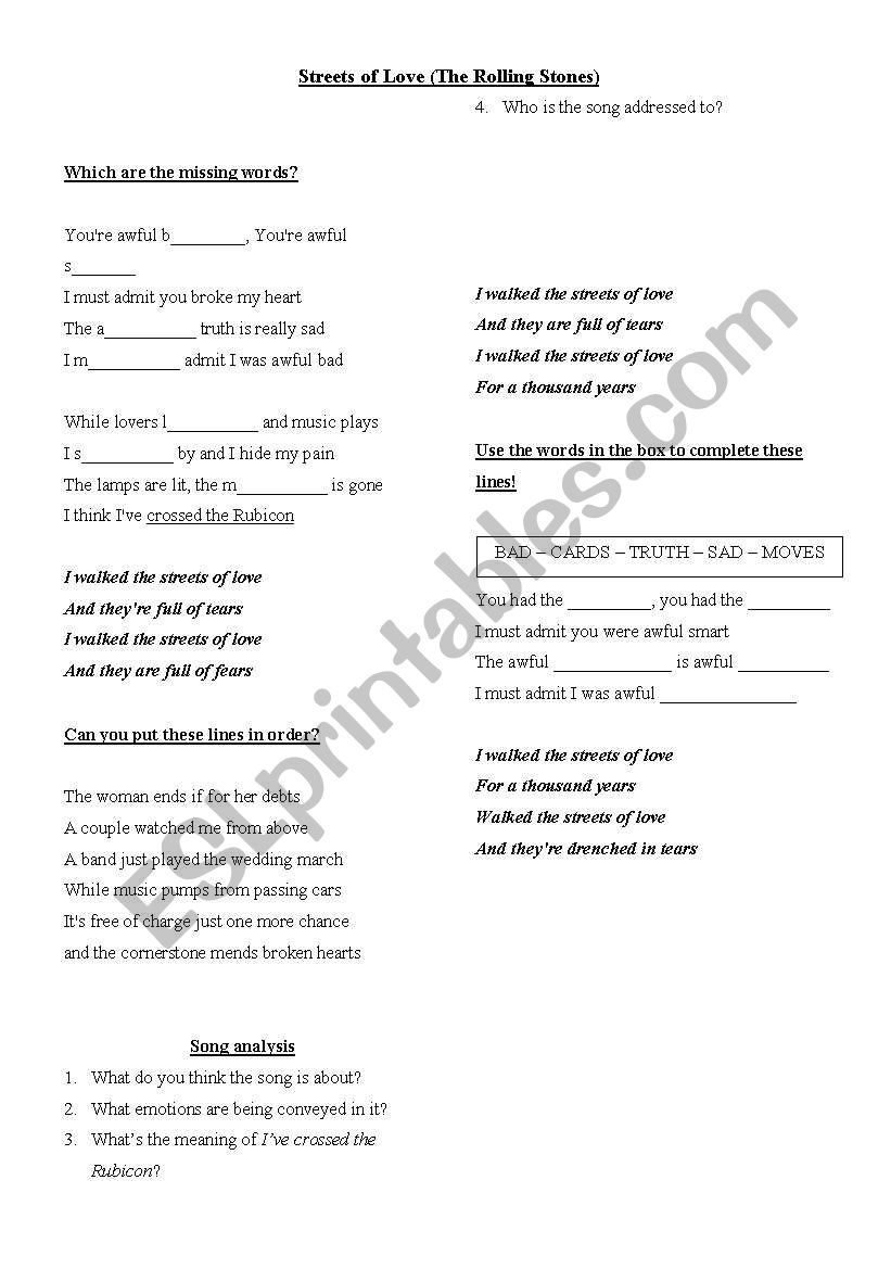 Streets of Love worksheet