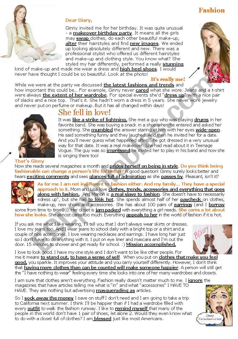 Rachel´s Diary Fashion Reading Vocabulary Exercises 2 Pages Esl Worksheet By Alisunya