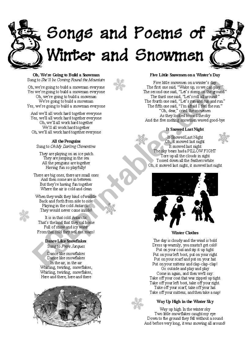 Songs and Poems of Winter and Snowmen - ESL worksheet by BradleyMan