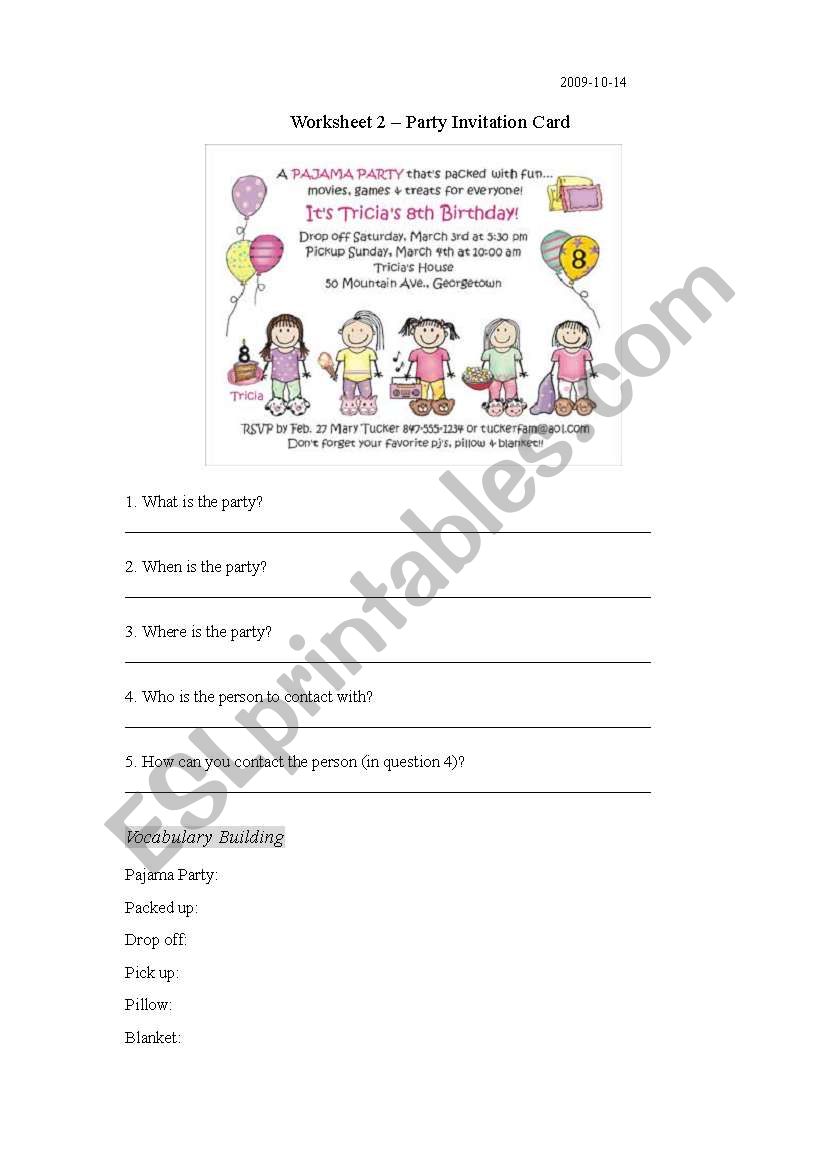 Pary invitation activity worksheet