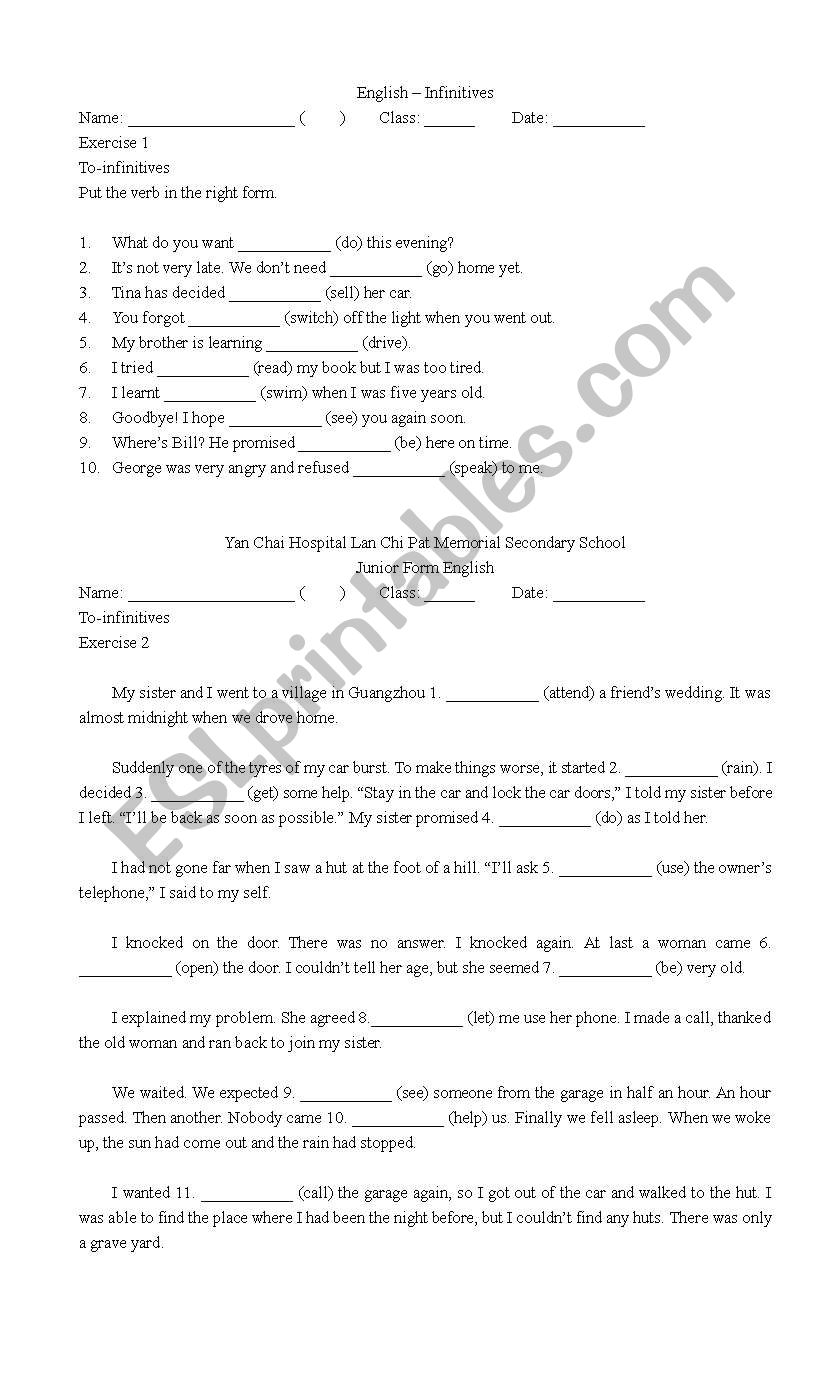 Infinitives worksheet