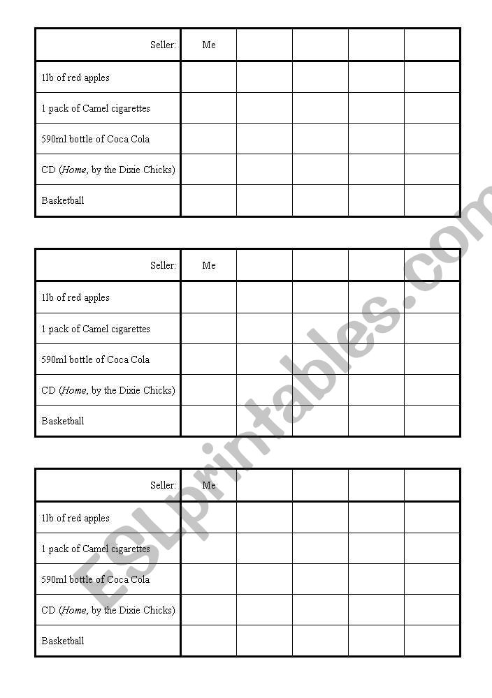 Price Survey  worksheet