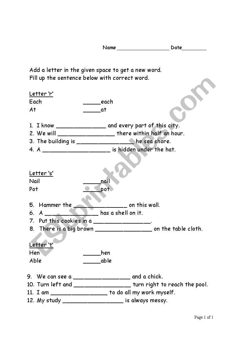 Add game r, s, t worksheet