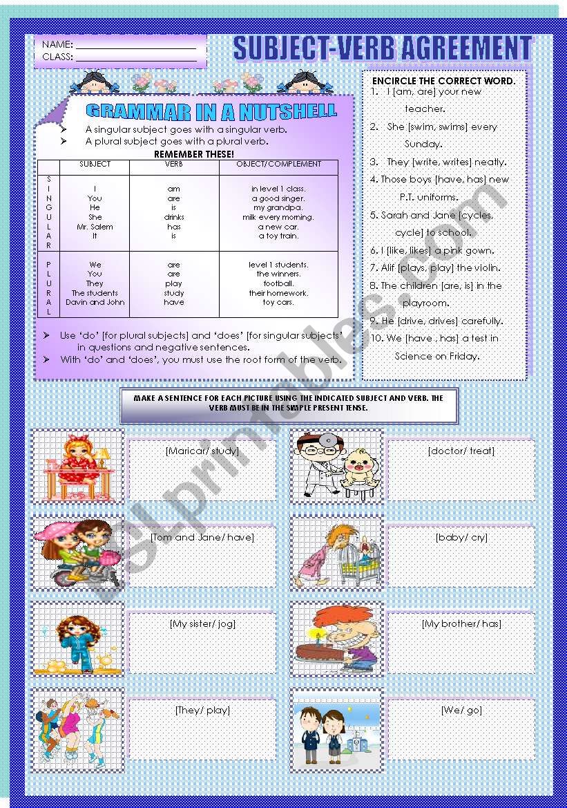 SUBJECT VERB AGREEMENT ESL Worksheet By Mavic15