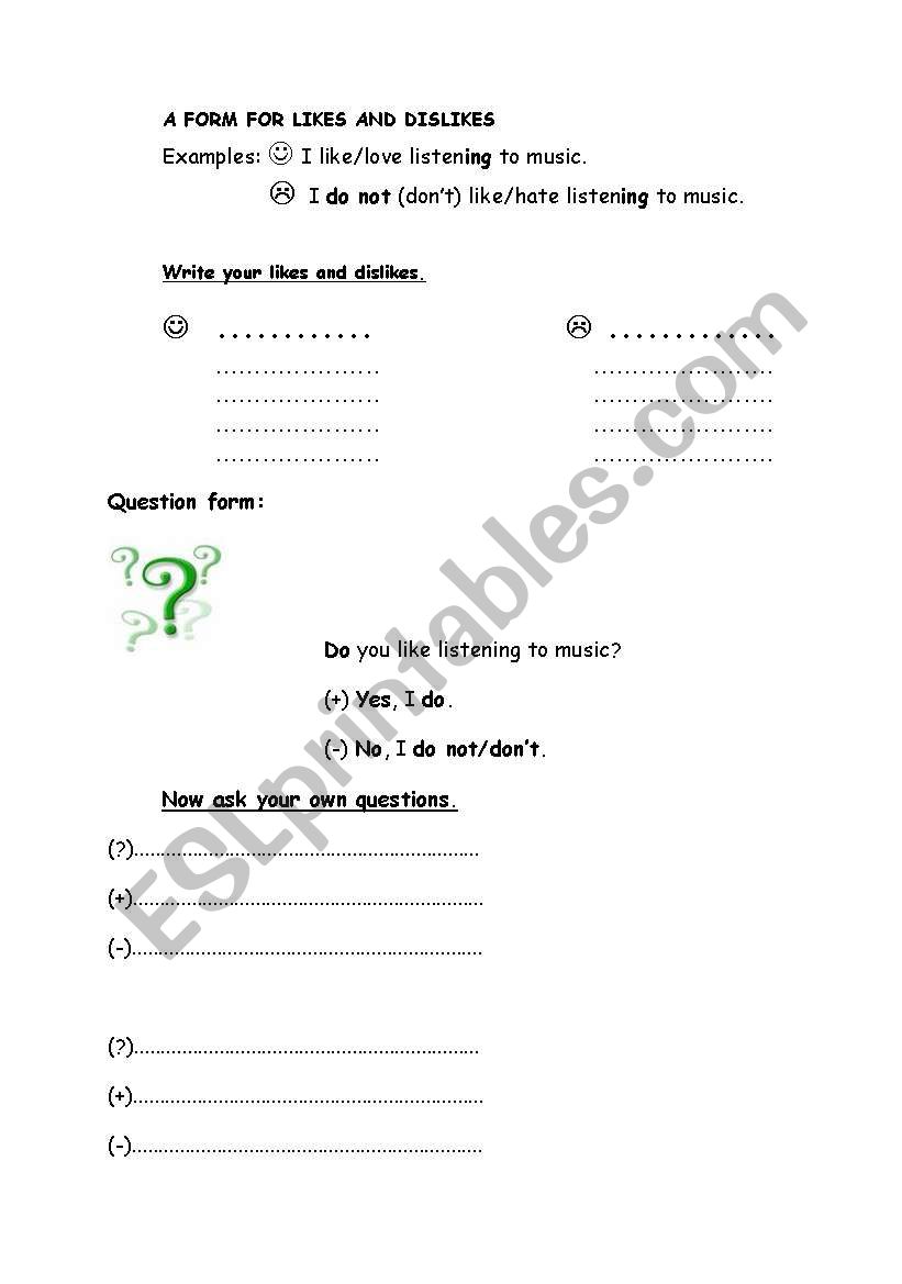 a form for likes and dislikes worksheet