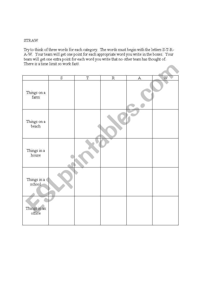STRAW Game Grid worksheet
