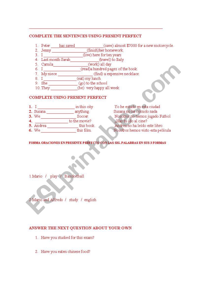 Present perfect Exercise worksheet
