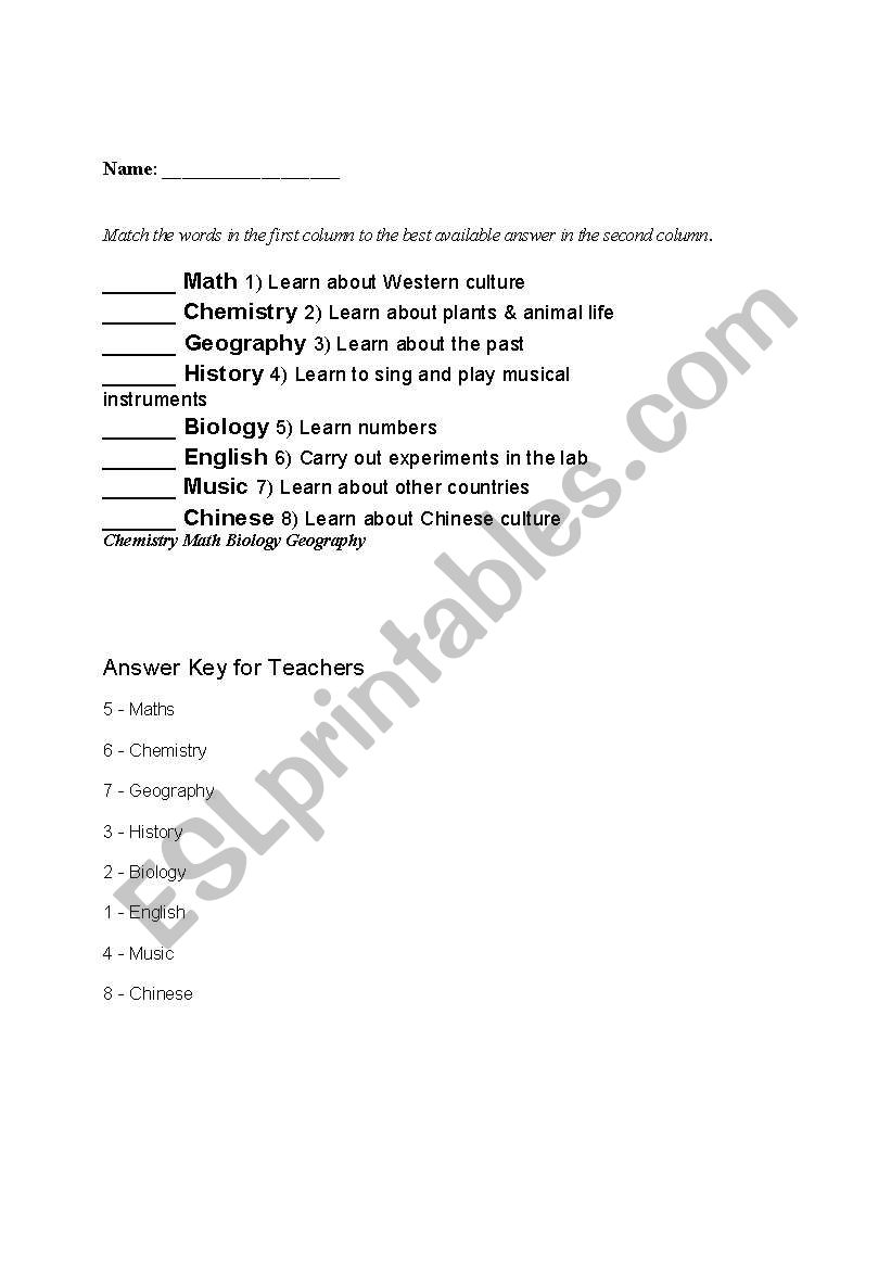 school subjects worksheet