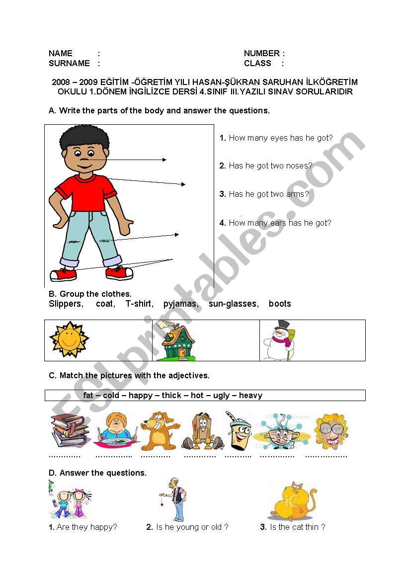 exam 4th class worksheet