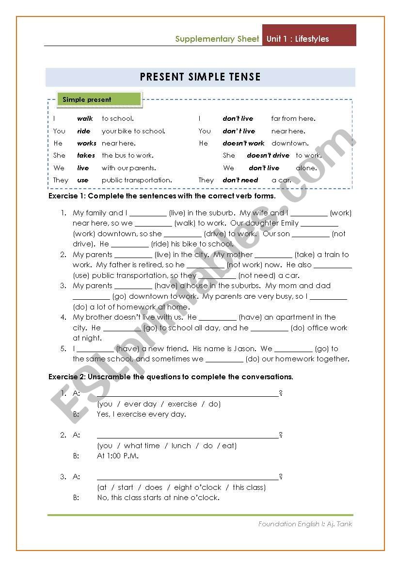 Present simple tense worksheet