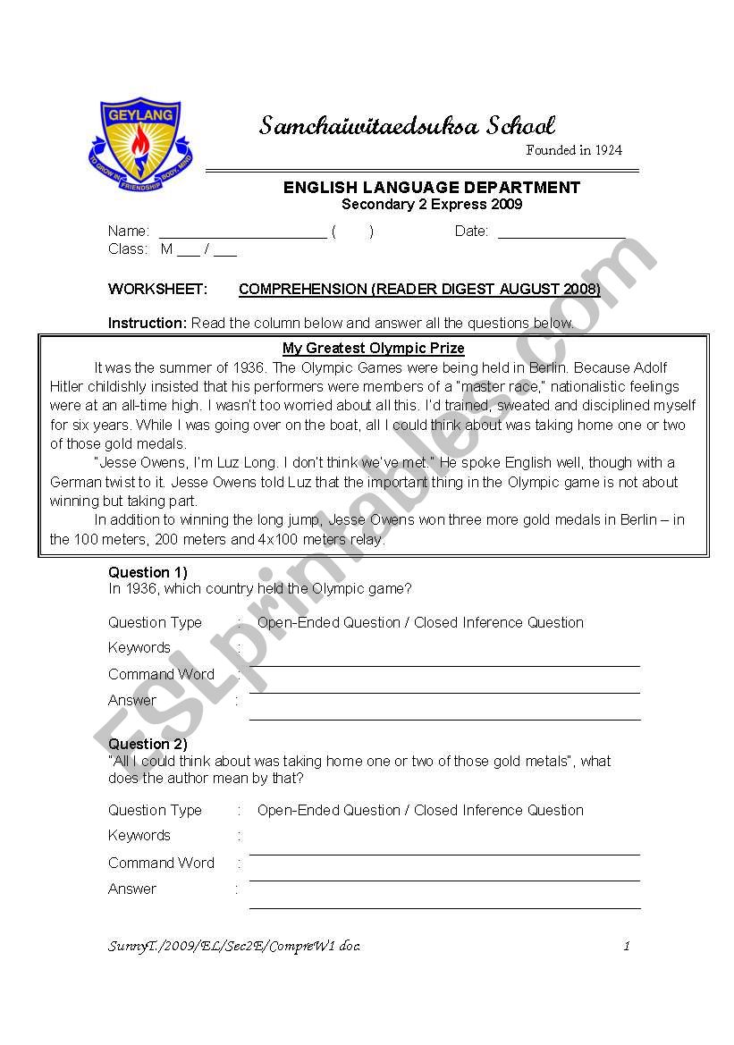 Intermediate Comprehension worksheet