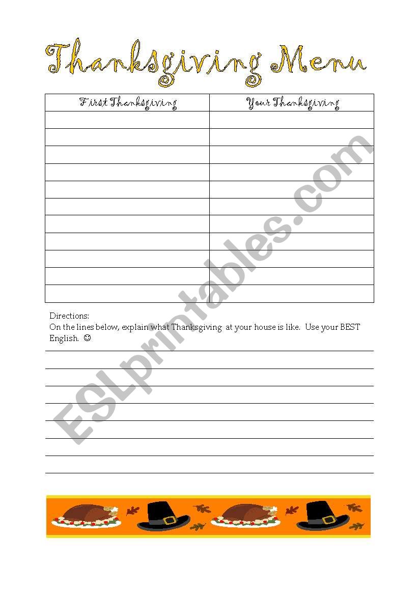 First Thanksgiving Menu worksheet