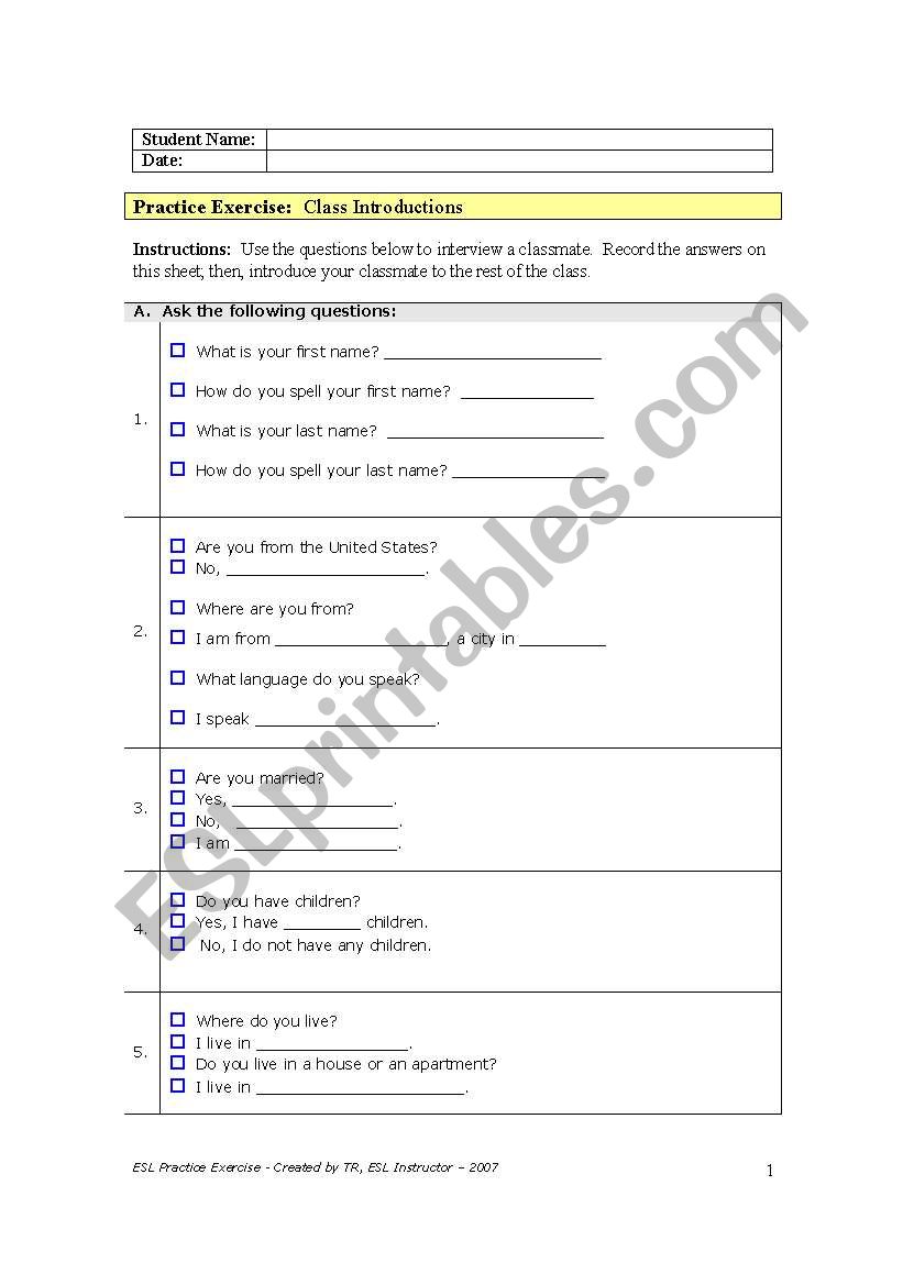 Class Introductions worksheet