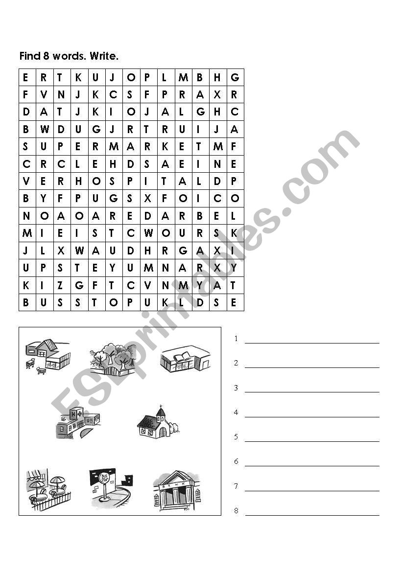 Wordsearch: The town worksheet