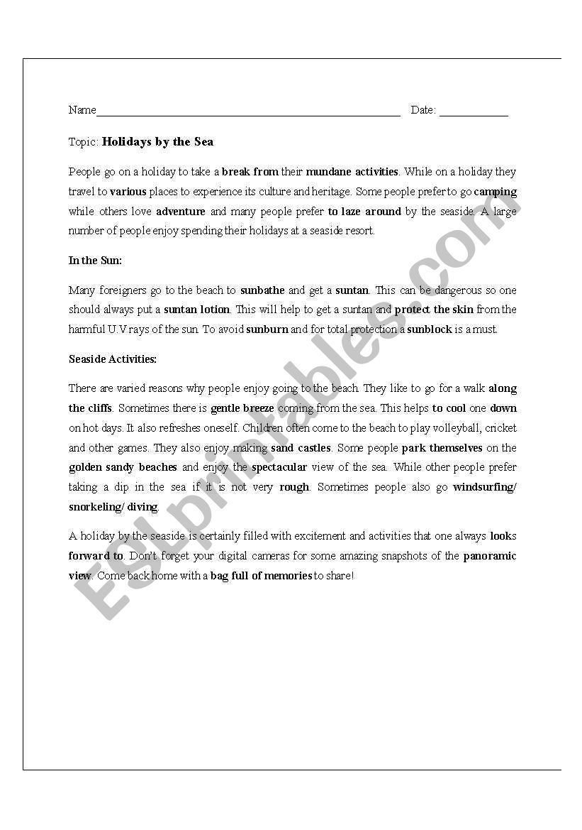 Holidays by the sea worksheet