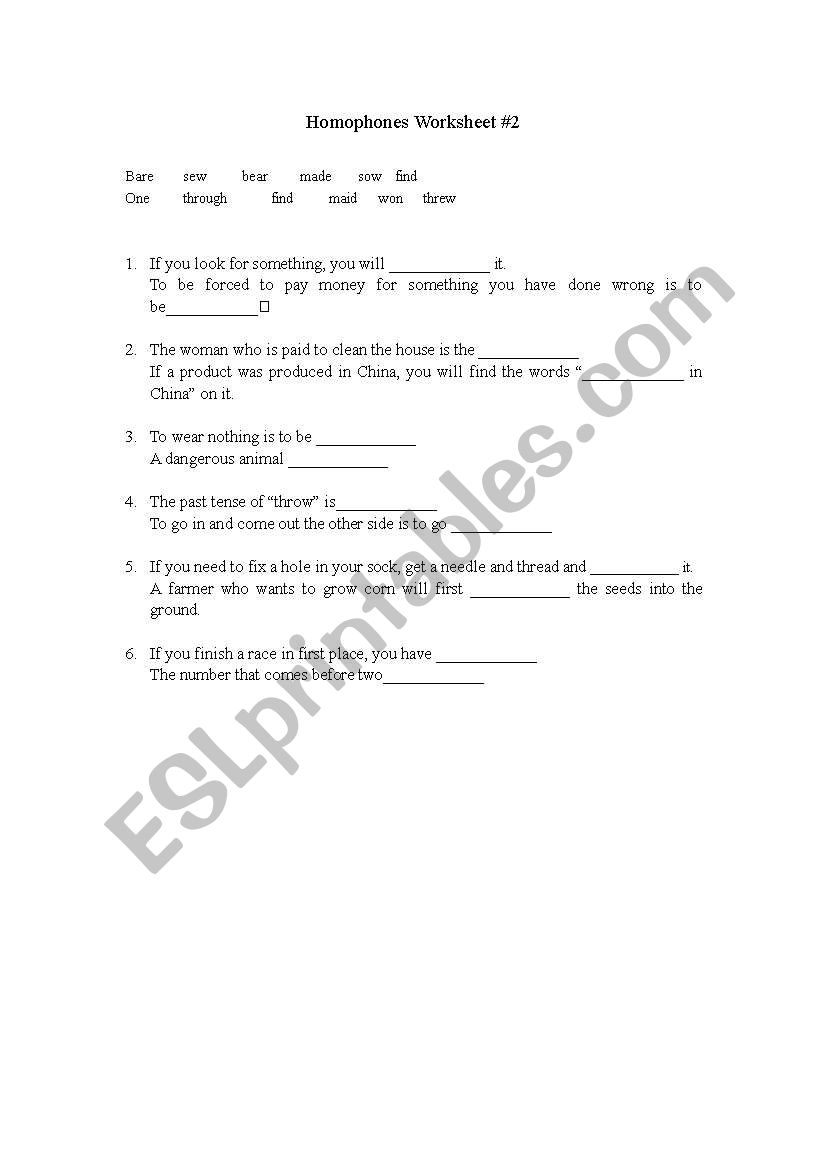 Homophones Worksheet 2 worksheet