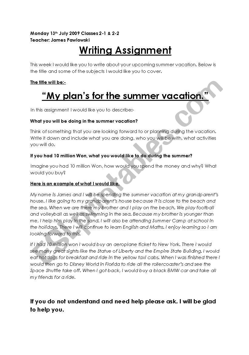 Summer Vacation Writing Assignment