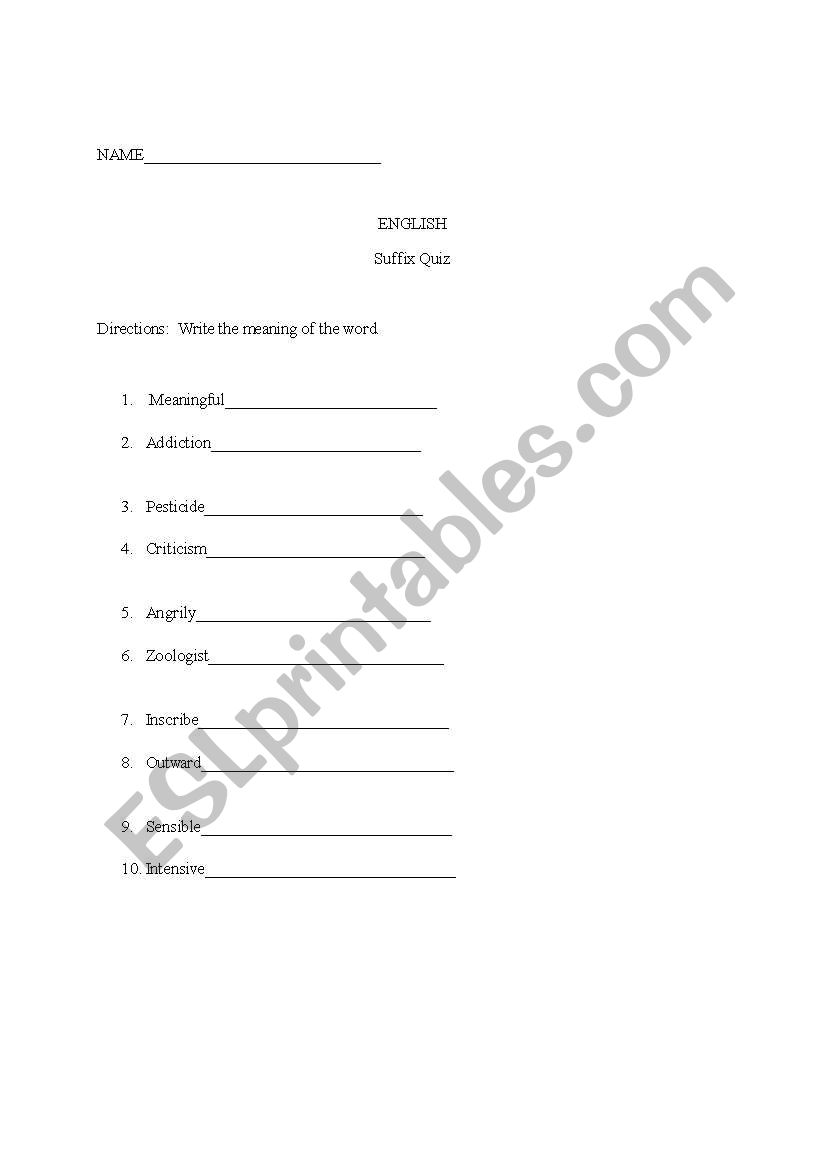 Suffix Quz worksheet