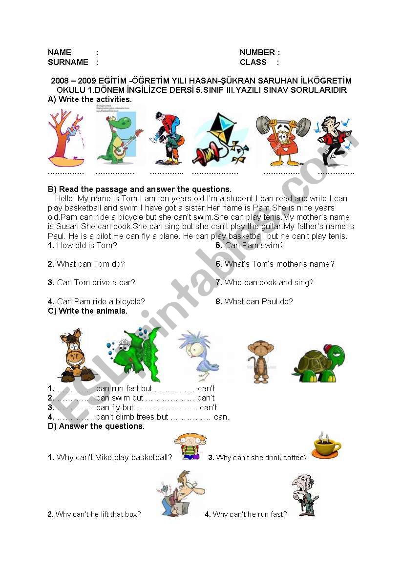 exam 5th class worksheet