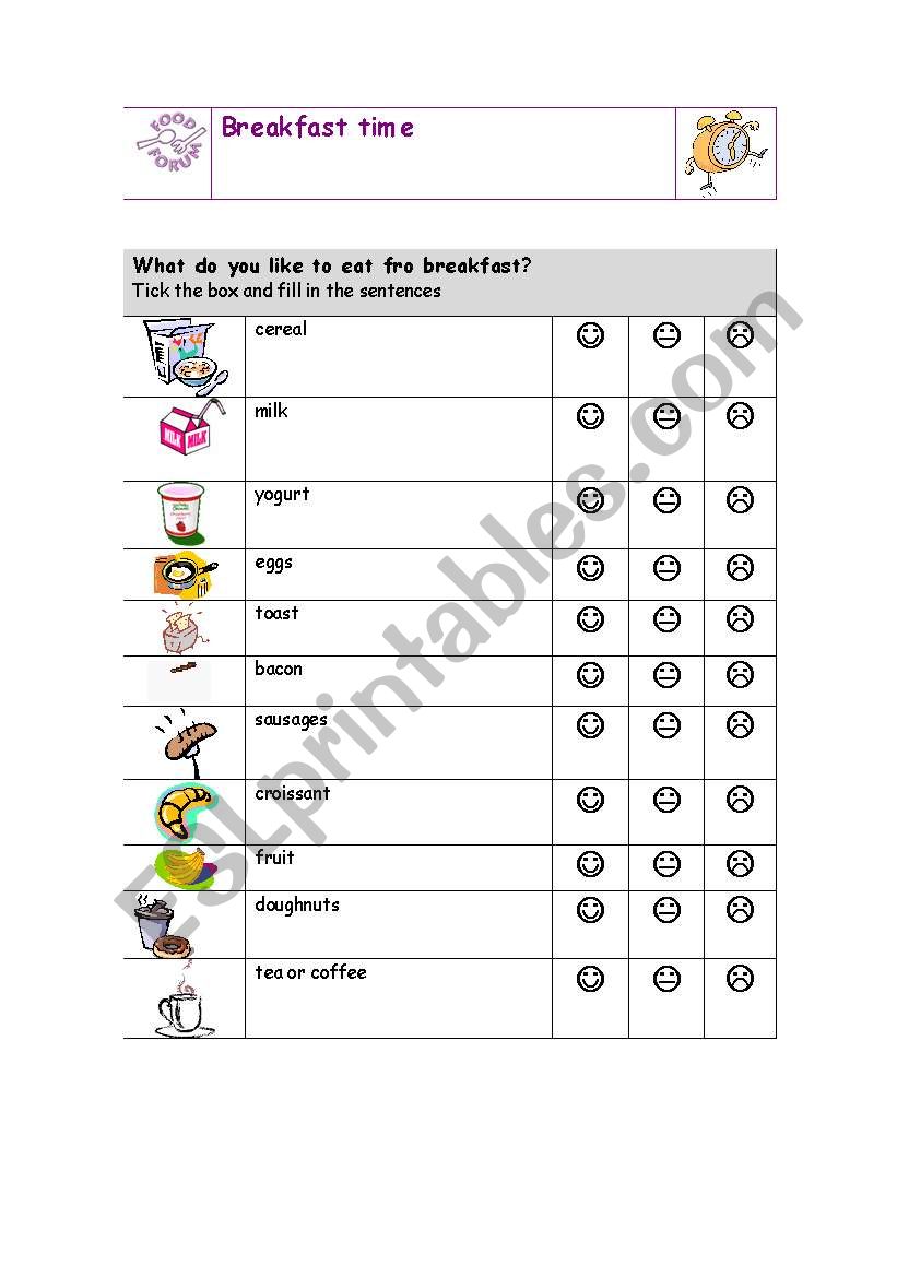 breakfast worksheet