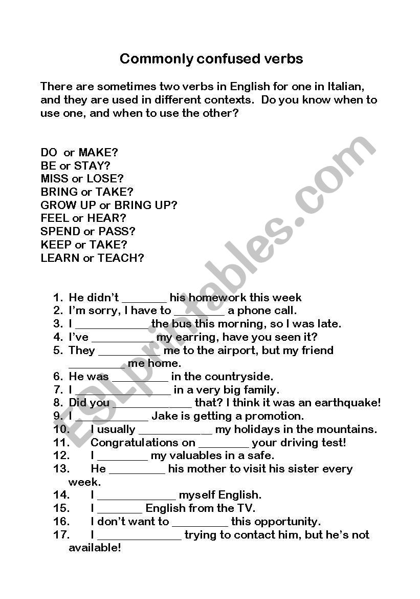Commonly confused verbs worksheet