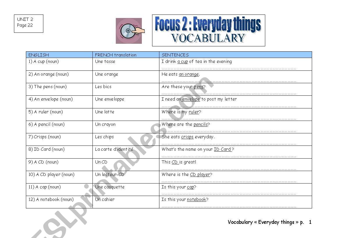 Vocabulary : Everyday things worksheet