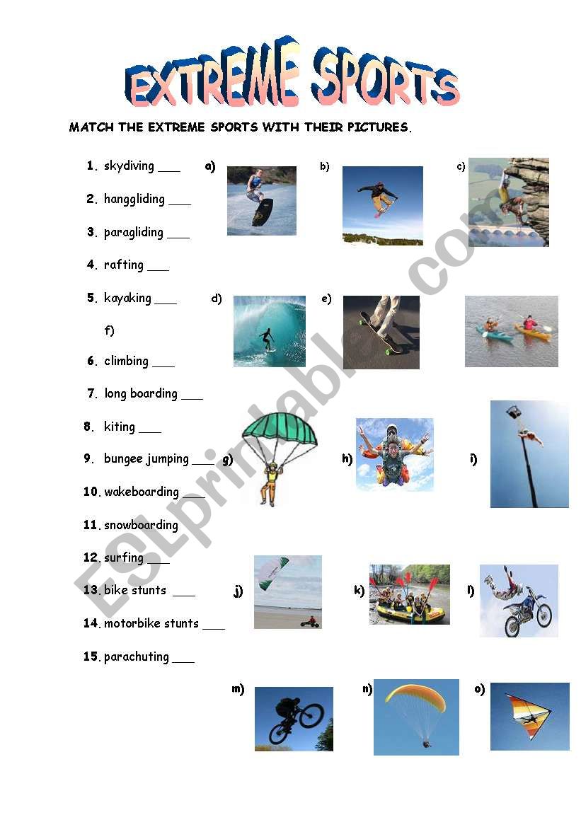 extreme sports esl worksheet by guveri
